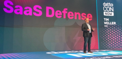 Datto CEO, Tim Weller, unveils Datto SaaS Defense during his keynote at DattoCon NOW (Photo: Business Wire)